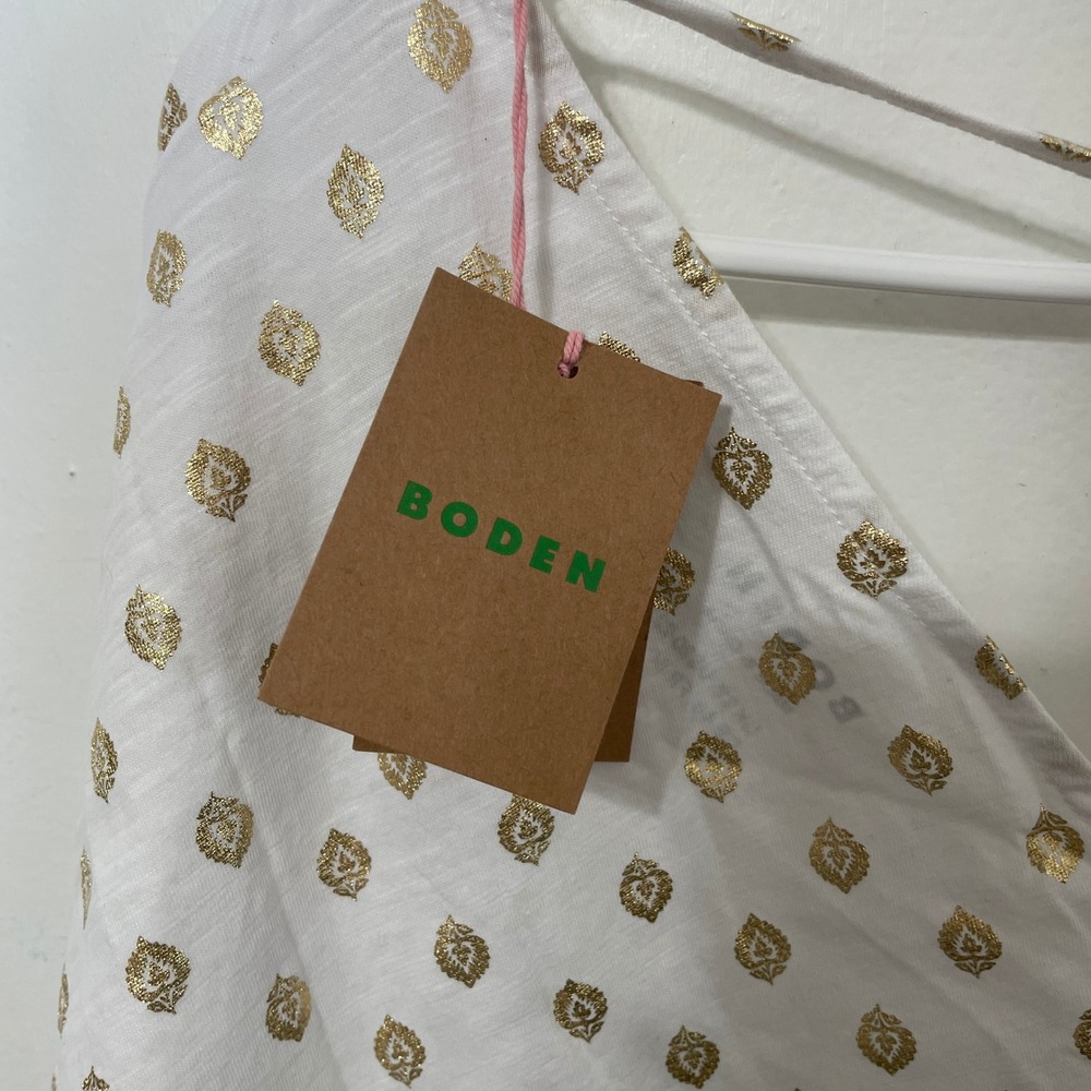Boden White Gold Metallic Foil Print Tie Back Top Slub US 20-22 NWT - Picture 4 of 7